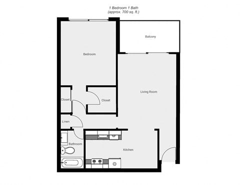 Floor plan for 1 bed, 1 bath, 700 sqft